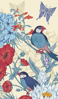Store intérieur fenêtre avec motif d'oiseaux parmi les fleurs