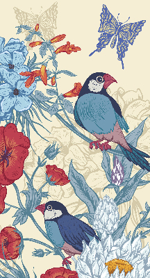 Store intérieur fenêtre avec motif d'oiseaux parmi les fleurs