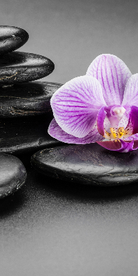 Store occultant fenêtre avec motif orchidée sur les pierres