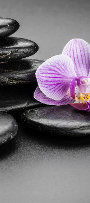 Store occultant fenêtre avec motif orchidée sur les pierres
