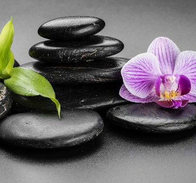 Store occultant fenêtre avec motif orchidée sur les pierres