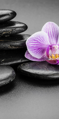 Store occultant fenêtre avec motif orchidée sur les pierres