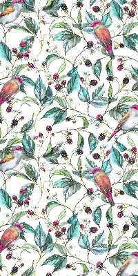 Store fenêtre intérieur avec des feuilles bleues et des oiseaux colorés