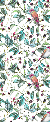 Store fenêtre intérieur avec des feuilles bleues et des oiseaux colorés