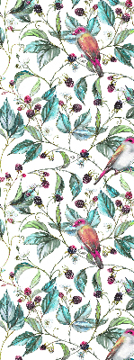 Store fenêtre intérieur avec des feuilles bleues et des oiseaux colorés