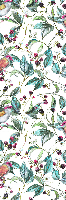 Store fenêtre intérieur avec des feuilles bleues et des oiseaux colorés