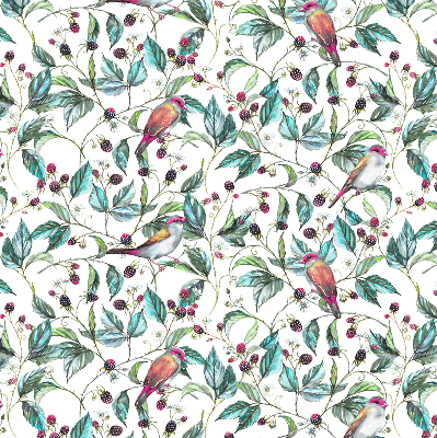 Store fenêtre intérieur avec des feuilles bleues et des oiseaux colorés