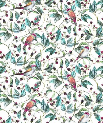 Store fenêtre intérieur avec des feuilles bleues et des oiseaux colorés