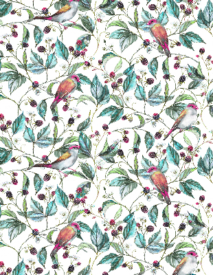 Store fenêtre intérieur avec des feuilles bleues et des oiseaux colorés