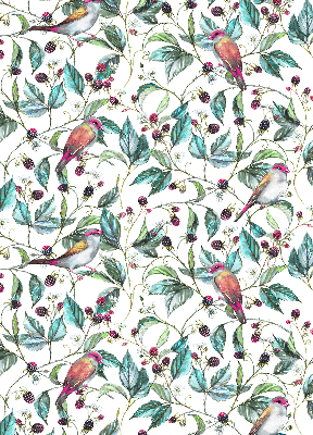 Store fenêtre intérieur avec des feuilles bleues et des oiseaux colorés