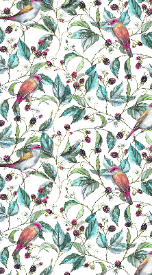 Store fenêtre intérieur avec des feuilles bleues et des oiseaux colorés