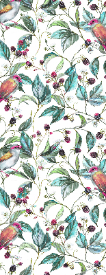 Store fenêtre intérieur avec des feuilles bleues et des oiseaux colorés