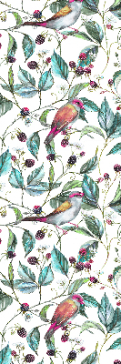 Store fenêtre intérieur avec des feuilles bleues et des oiseaux colorés