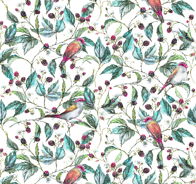 Store fenêtre intérieur avec des feuilles bleues et des oiseaux colorés