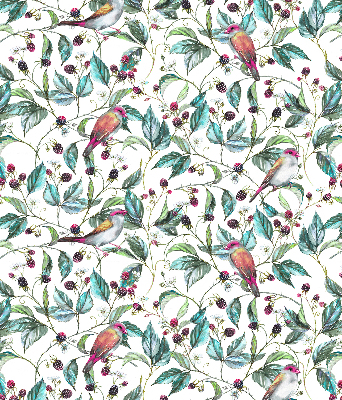 Store fenêtre intérieur avec des feuilles bleues et des oiseaux colorés