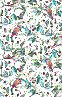 Store fenêtre intérieur avec des feuilles bleues et des oiseaux colorés