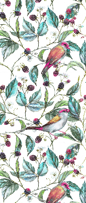 Store fenêtre intérieur avec des feuilles bleues et des oiseaux colorés