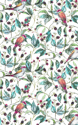 Store fenêtre intérieur avec des feuilles bleues et des oiseaux colorés