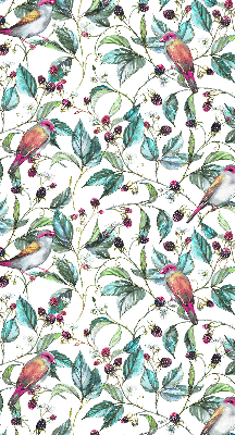 Store fenêtre intérieur avec des feuilles bleues et des oiseaux colorés