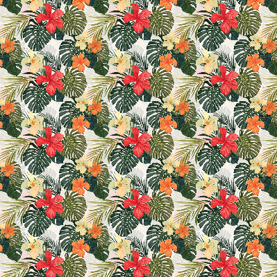 Store fenêtre intérieur avec fleurs et feuilles tropicales