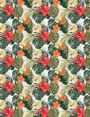 Store fenêtre intérieur avec fleurs et feuilles tropicales