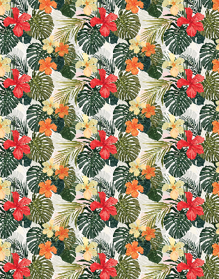 Store fenêtre intérieur avec fleurs et feuilles tropicales