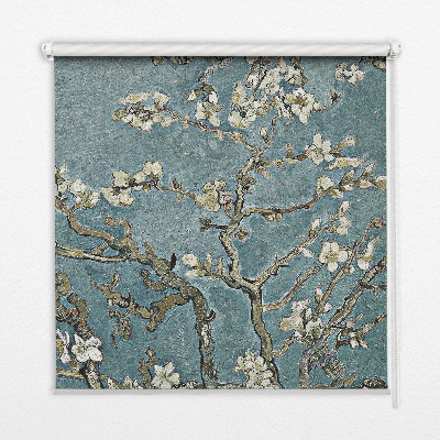 Store occultant fenêtre avec motif de brindilles sur fond bleu