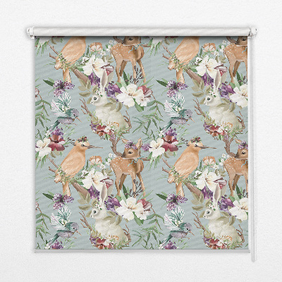 Store occultant fenetre avec motif de chevreuils, d'oiseaux et de lapins