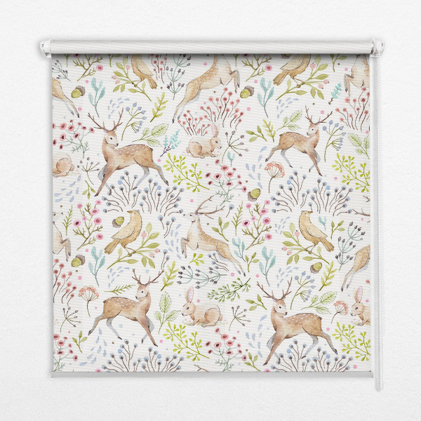 Store enrouleur occultant avec motif de chevreuils, d’oiseaux et de lapins