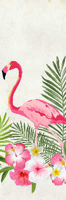 Store fenêtre intérieur avec flamants roses près des feuilles