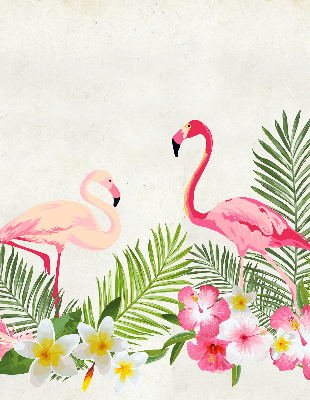 Store fenêtre intérieur avec flamants roses près des feuilles