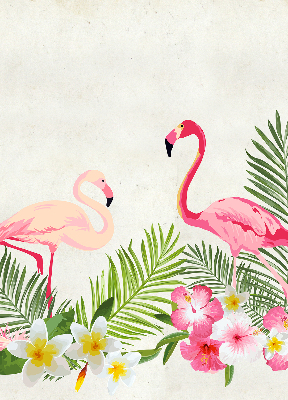 Store fenêtre intérieur avec flamants roses près des feuilles
