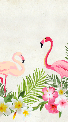 Store fenêtre intérieur avec flamants roses près des feuilles