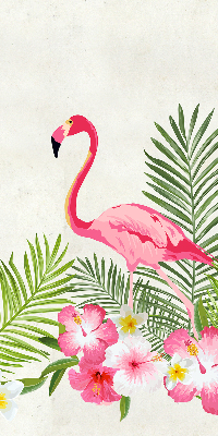 Store fenêtre intérieur avec flamants roses près des feuilles