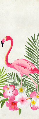 Store fenêtre intérieur avec flamants roses près des feuilles
