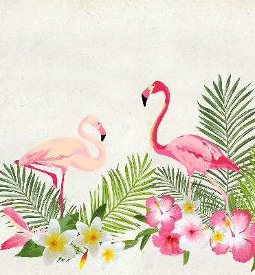 Store fenêtre intérieur avec flamants roses près des feuilles
