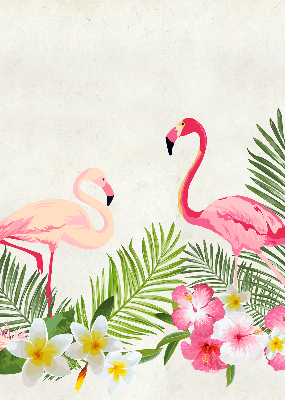 Store fenêtre intérieur avec flamants roses près des feuilles