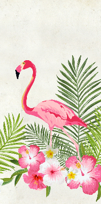 Store fenêtre intérieur avec flamants roses près des feuilles