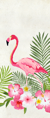 Store fenêtre intérieur avec flamants roses près des feuilles