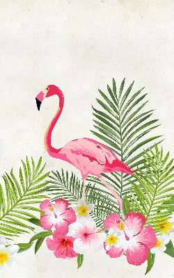 Store fenêtre intérieur avec flamants roses près des feuilles