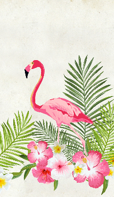 Store fenêtre intérieur avec flamants roses près des feuilles