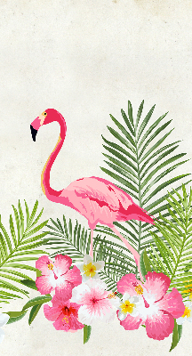 Store fenêtre intérieur avec flamants roses près des feuilles