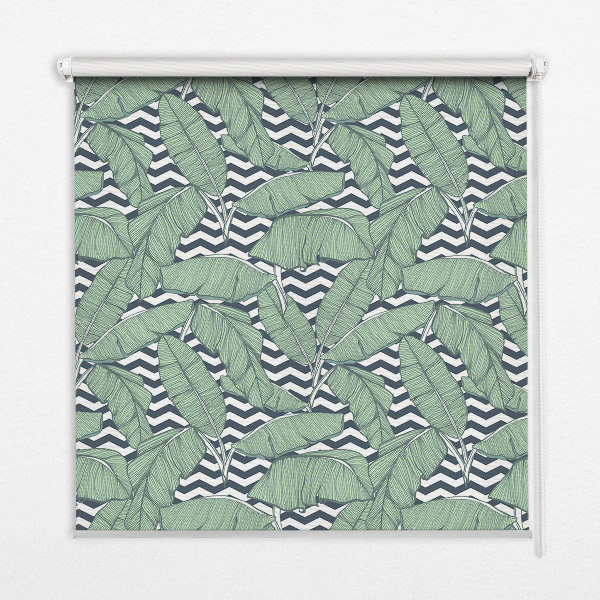 Store occultant fenêtre avec motif de feuilles de palmier sur fond noir et blanc