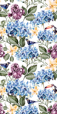 Store occultant fenetre avec motif toucans et fleurs