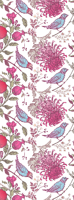 Store enrouleur occultant avec des oiseaux colorés parmi les fleurs