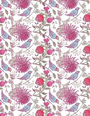 Store enrouleur occultant avec des oiseaux colorés parmi les fleurs