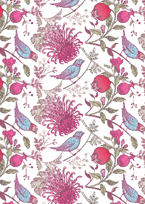Store enrouleur occultant avec des oiseaux colorés parmi les fleurs