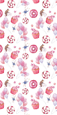 Store occultant fenêtre avec ballons roses, beignets et lapins