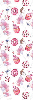 Store occultant fenêtre avec ballons roses, beignets et lapins