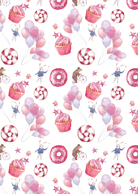 Store occultant fenêtre avec ballons roses, beignets et lapins